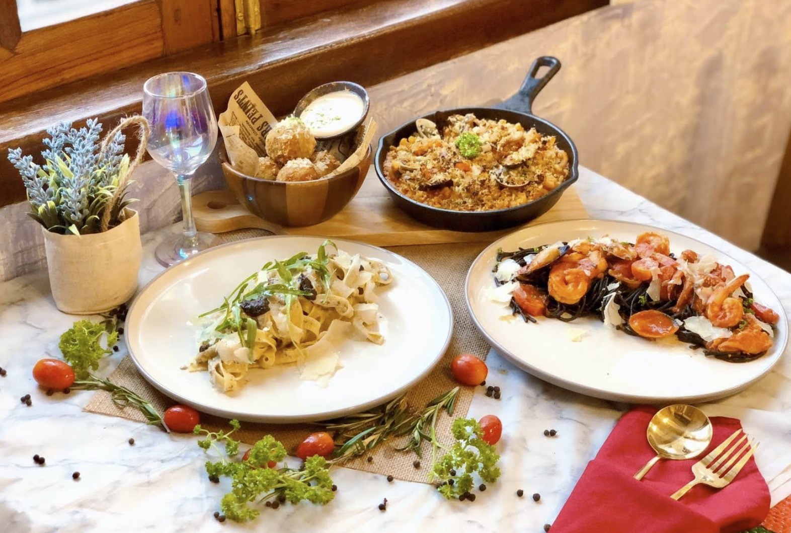 Curated pasta and seafood spread